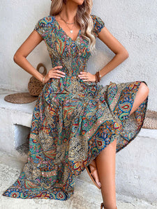 Women’s Boho Ruched Waist V-Neck Maxi Dress in 4 Colors Sizes 2-14