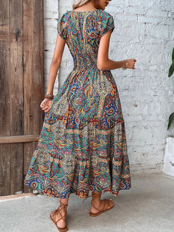 Women’s Boho Ruched Waist V-Neck Maxi Dress in 4 Colors Sizes 2-14 - Wazzi's Wear