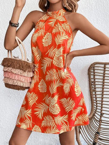 Women's Halter Neck Leaf Print Sleeveless Dress in 3 Colors Sizes 4-16 - Wazzi's Wear