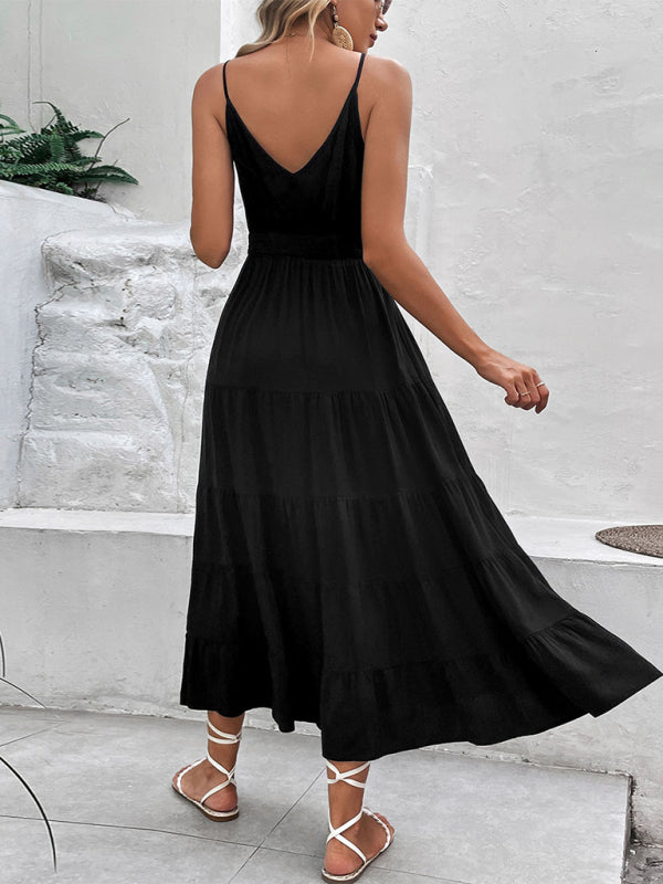Women’s Black Sleeveless Maxi Dress with Spaghetti Straps and Buttons Sizes 2-10 - Wazzi's Wear