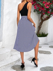 Women’s One Shoulder Midi Dress with Stripes and Side Slit in 3 Colors Sizes 2-10