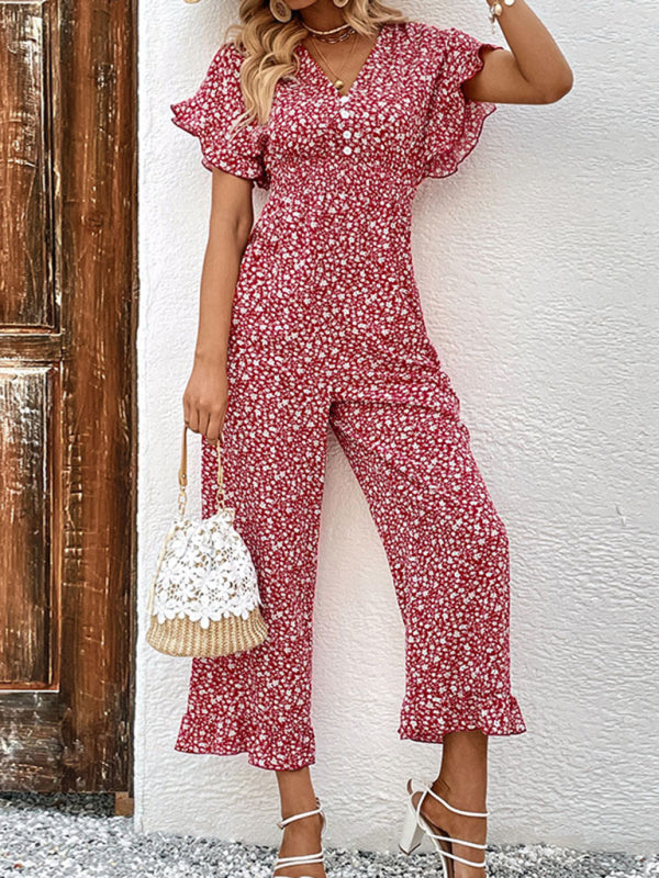 Ruffled Short Sleeve Red Floral Cropped Jumpsuit