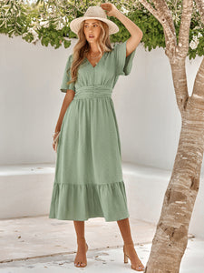 Women's Solid V-Neck Midi Dress with Short Sleeves in 3 Colors Sizes 2-10