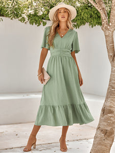 Women's Solid V-Neck Midi Dress with Short Sleeves in 3 Colors Sizes 2-10