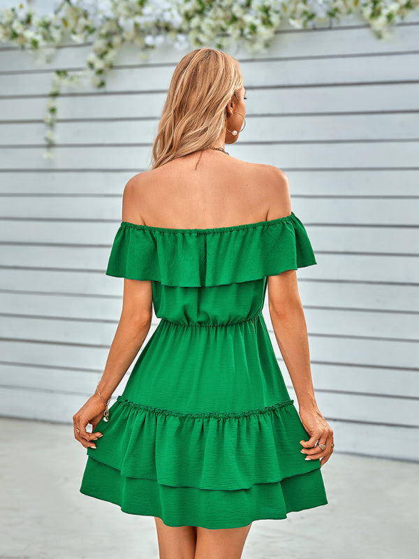 Women’s Solid Off-the-Shoulder Ruffled Dress in 3 Colors Sizes 2-10 - Wazzi's Wear
