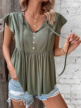 Load image into Gallery viewer, Women’s Olive Green Babydoll Short Sleeve Top with Buttons and Tie Sizes 2-10