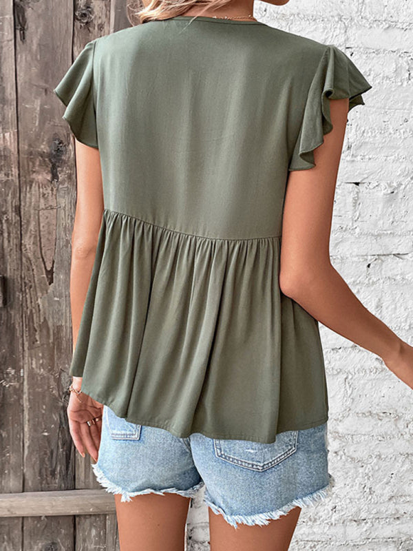 Women’s Olive Green Babydoll Short Sleeve Top with Buttons and Tie Sizes 2-10 - Wazzi's Wear