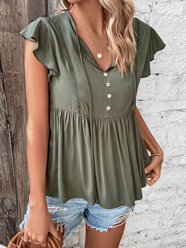 Women’s Olive Green Babydoll Short Sleeve Top with Buttons and Tie Sizes 2-10 - Wazzi's Wear