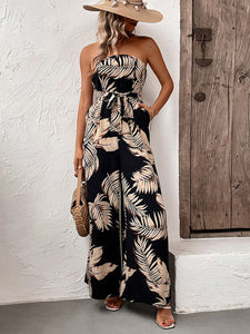 Women’s Leaf Print Sleeveless Wide Leg Jumpsuit with Pockets Sizes 2-10