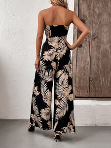 Women’s Leaf Print Sleeveless Wide Leg Jumpsuit with Pockets Sizes 2-10