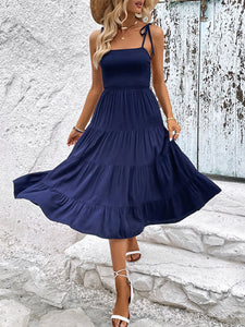 Women's Solid Ruched Ruffled Midi Dress with Spaghetti Straps in 2 Colors Sizes 2-10