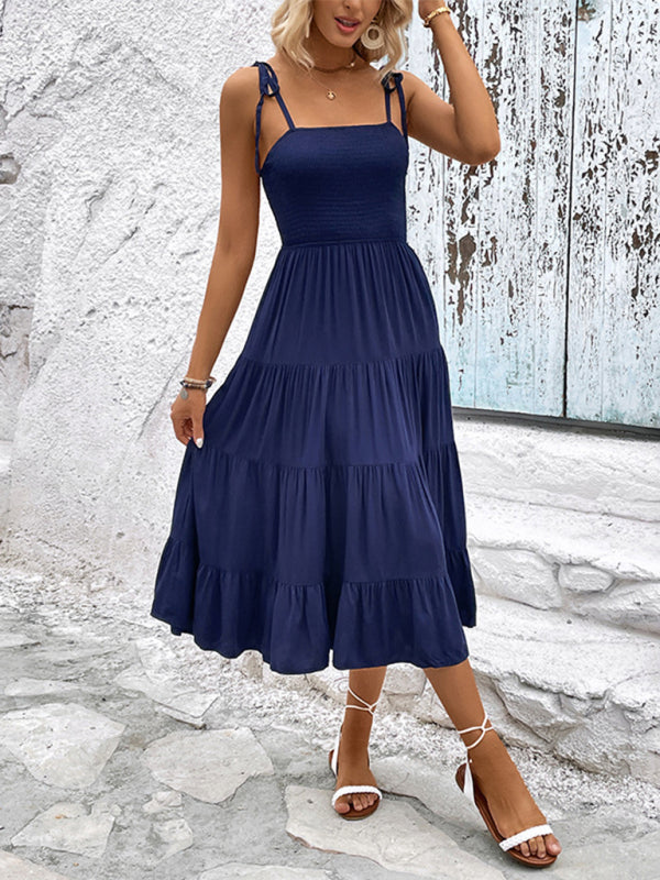 Women's Solid Ruched Ruffled Midi Dress with Spaghetti Straps in 2 Colors Sizes 2-10 - Wazzi's Wear