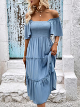 Load image into Gallery viewer, Women’s Blue Ruched Ruffled Midi Dress with Short Sleeves Sizes 2-10