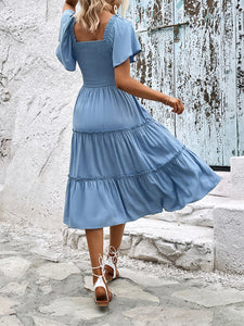 Women’s Blue Ruched Ruffled Midi Dress with Short Sleeves Sizes 2-10