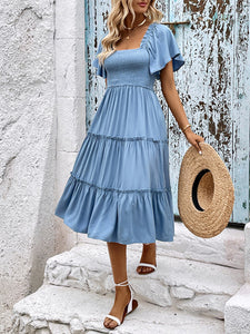 Women’s Blue Ruched Ruffled Midi Dress with Short Sleeves Sizes 2-10