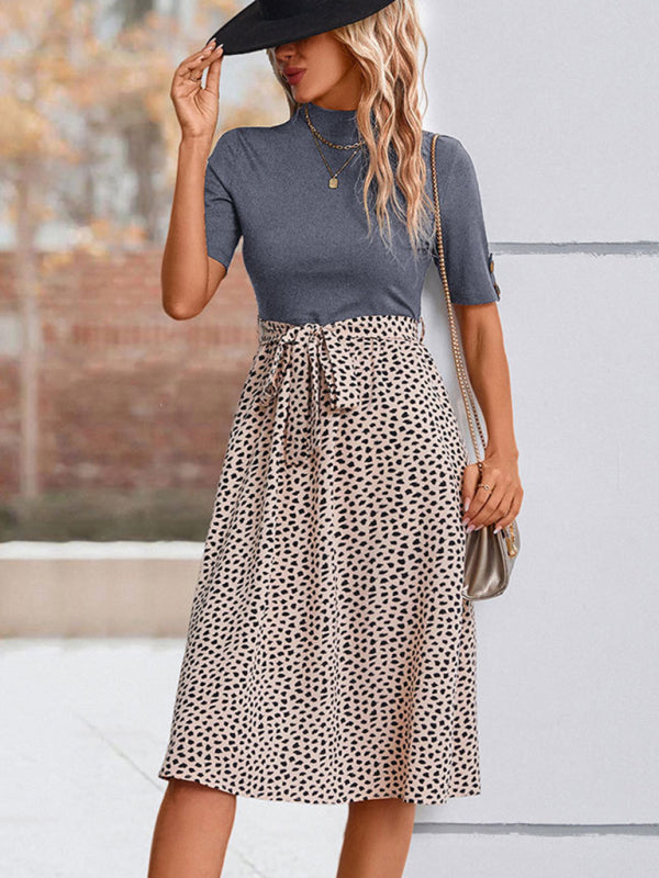 Women’s High Neck Short Sleeve Leopard Print Dress in 6 Colors Sizes 2-10 - Wazzi's Wear