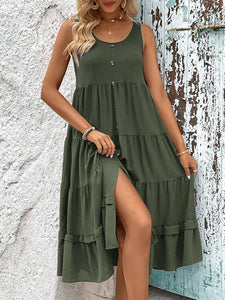 Women’s Sleeveless Ruffled Midi Dress with Round Neck and Buttons in 2 Colors Sizes 2-10