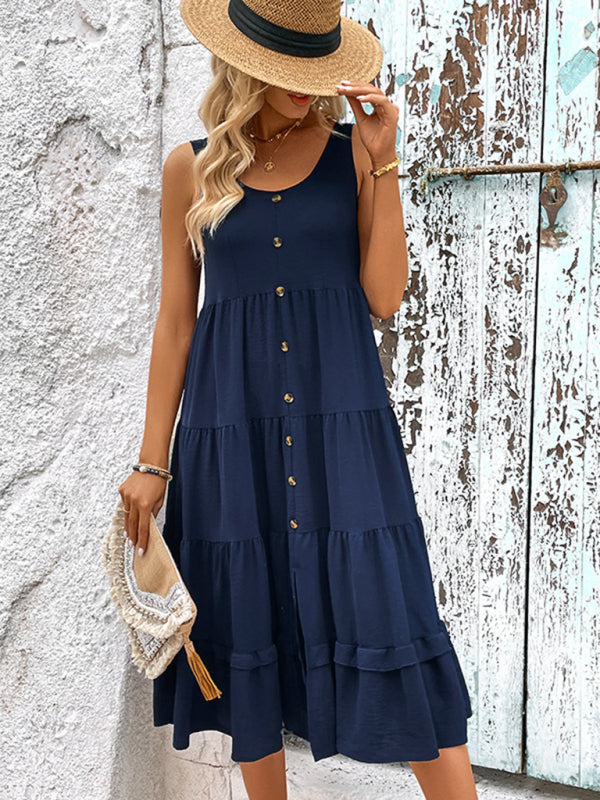 Women’s Sleeveless Ruffled Midi Dress with Round Neck and Buttons in 2 Colors Sizes 2-10 - Wazzi's Wear