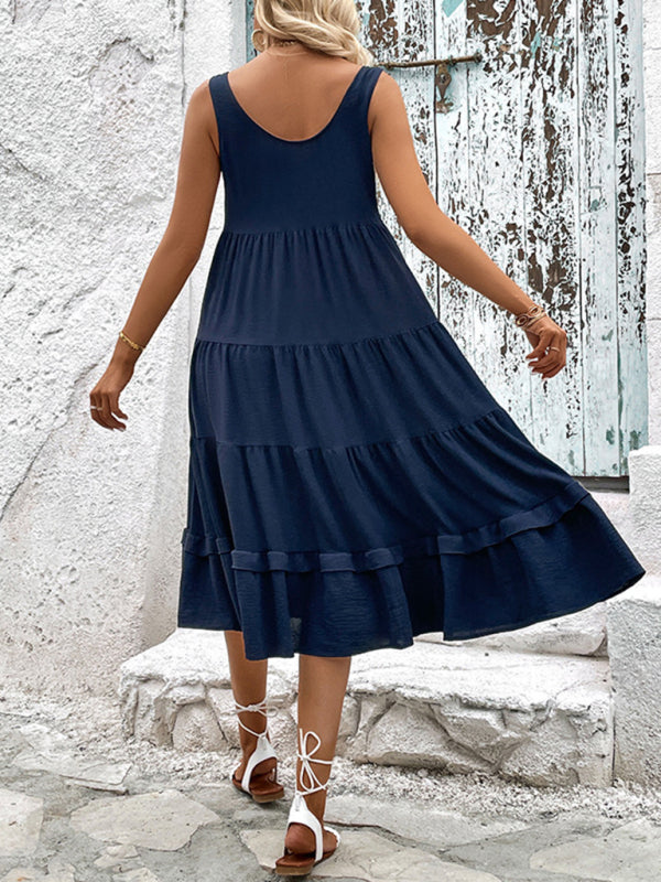 Women’s Sleeveless Ruffled Midi Dress with Round Neck and Buttons in 2 Colors Sizes 2-10 - Wazzi's Wear