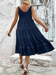 Women’s Sleeveless Ruffled Midi Dress with Round Neck and Buttons in 2 Colors Sizes 2-10