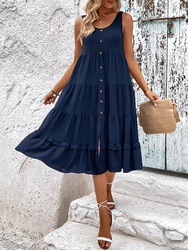 Women’s Sleeveless Ruffled Midi Dress with Round Neck and Buttons in 2 Colors Sizes 2-10 - Wazzi's Wear