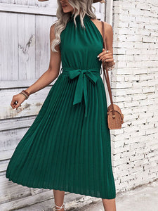 Women’s Green Halter Neck Pleated Midi Dress with Front Tie Sizes 2-10