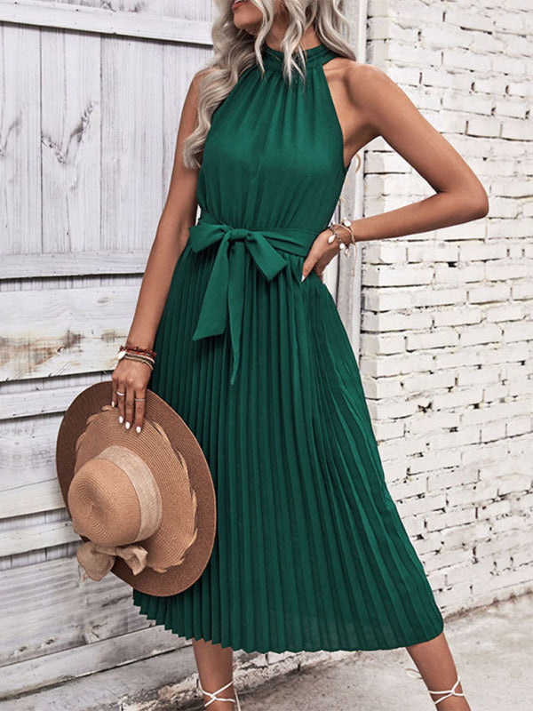 Women’s Green Halter Neck Pleated Midi Dress with Front Tie Sizes 2-10 - Wazzi's Wear