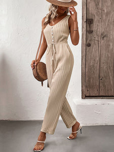 Women’s Sleeveless Khaki Jumpsuit with Pockets and Front Tie Sizes 2-10