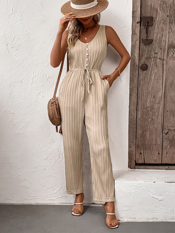 Women’s Sleeveless Khaki Jumpsuit with Pockets and Front Tie Sizes 2-10 - Wazzi's Wear