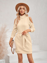Load image into Gallery viewer, Women’s Long Sleeve Cold Shoulder Dress with Waist Tie in 3 Colors S-XL - Wazzi&#39;s Wear