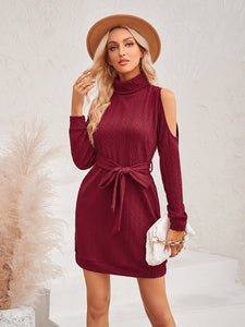 Women’s Long Sleeve Cold Shoulder Dress with Waist Tie in 3 Colors S-XL - Wazzi's Wear