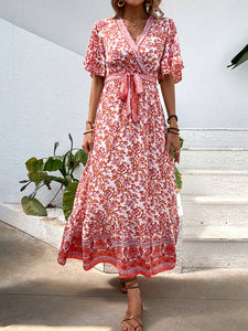 Women’s Bohemian Floral V-Neck Maxi Dress with Short Sleeves Sizes 4-10