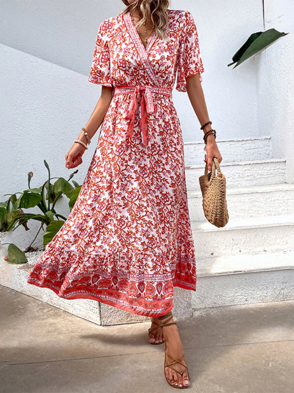 Women’s Bohemian Floral V-Neck Maxi Dress with Short Sleeves Sizes 4-10 - Wazzi's Wear