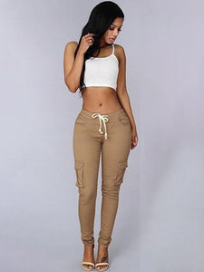 Women’s Solid Multi Pocket Cargo Pants with Elastic Waist in 6 Colors Sizes 4-16