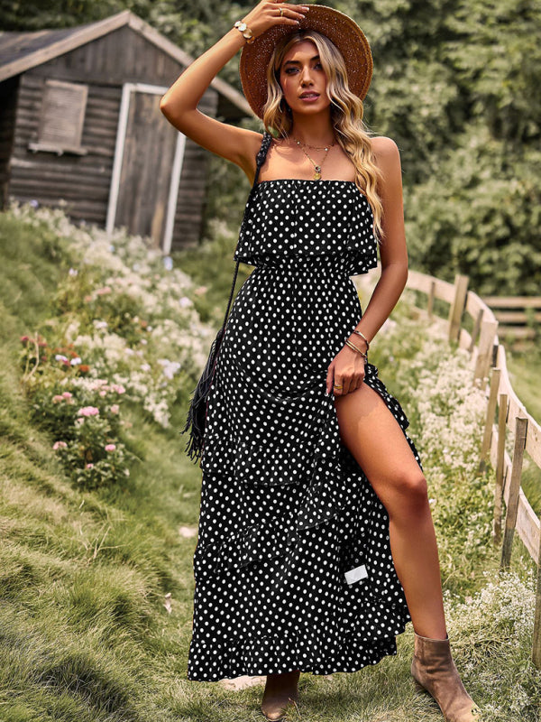 Women’s Off-the-Shoulder Ruffled Polka Dot Maxi Dress in 4 Colors Sizes 4-10