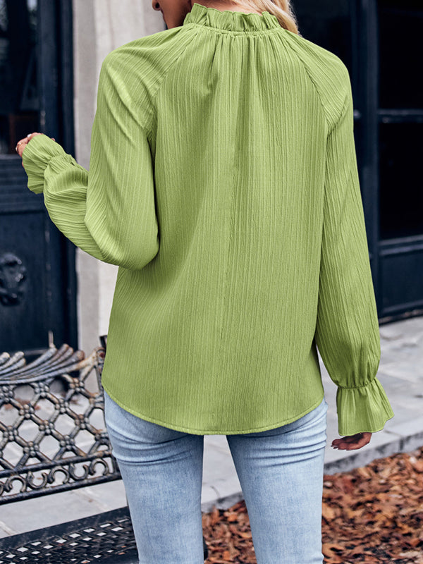 Women’s High Neck Ruffle Long Sleeve Top in 4 Colors S-XL - Wazzi's Wear