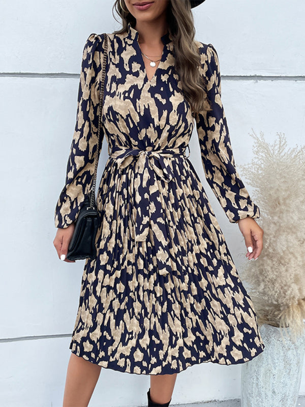 Women’s Leopard Print Long Sleeve Midi Dress with Waist Tie Sizes 4-10 - Wazzi's Wear