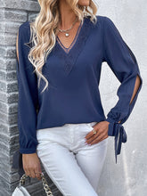 Load image into Gallery viewer, Women’s Solid Long Sleeve V-Neck Top with Arm Slits, Lace Detail and Wrist Ties Sizes 4-10