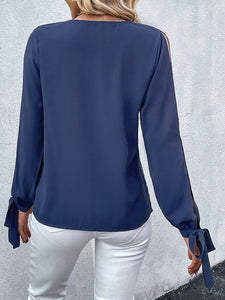 Women’s Solid Long Sleeve V-Neck Top with Arm Slits, Lace Detail and Wrist Ties Sizes 4-10