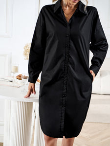 Women's Solid Long Sleeve Shirt Dress with Buttons and Side Pockets in 4 Colors S-XL