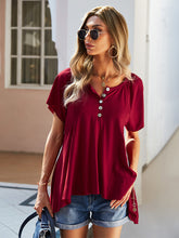 Load image into Gallery viewer, Women’s Short Sleeve Top with Buttons and Asymmetric Hem S-L