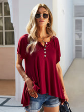 Load image into Gallery viewer, Women’s Short Sleeve Top with Buttons and Asymmetric Hem S-L