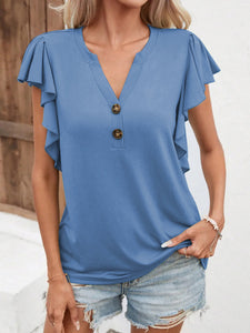 Women’s V-Neck Short Sleeve Top with Ruffled Sleeves in 6 Colors S-XXL