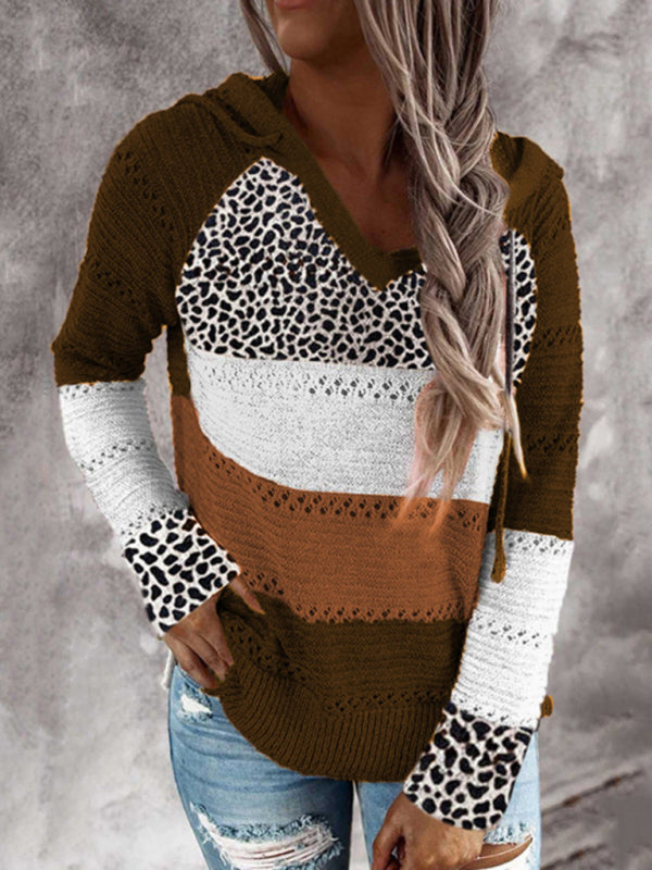 Women’s Colorblock Long Sleeve Hooded Sweater with Leopard Panels in 6 Colors Sizes 4-14
