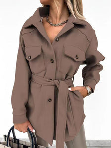 Women's Solid Long Sleeve Coat with Pockets and Waist Tie in 8 Colors S-XXL