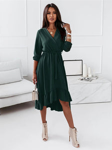 Women's Solid Ruffled Midi Dress with Asymmetric Hem and Waist Tie in 4 Colors S-XL