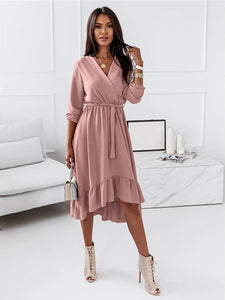 Women's Solid Ruffled Midi Dress with Asymmetric Hem and Waist Tie in 4 Colors S-XL