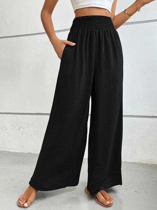 Women’s Solid Wide Leg Flared Pants with Elastic Waist and Pockets in 3 Colors S-XL - Wazzi's Wear