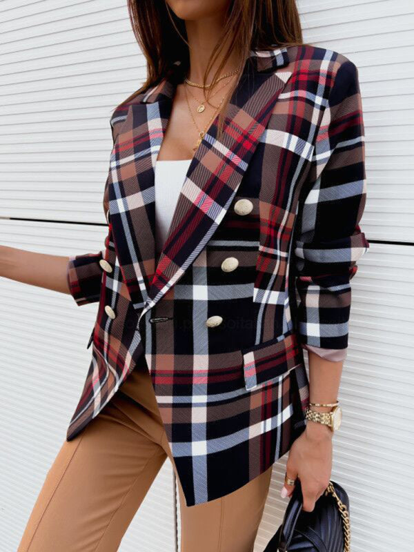 Women’s Long Sleeved Double Breasted Plaid Blazer in 3 Colors Sizes 4-12