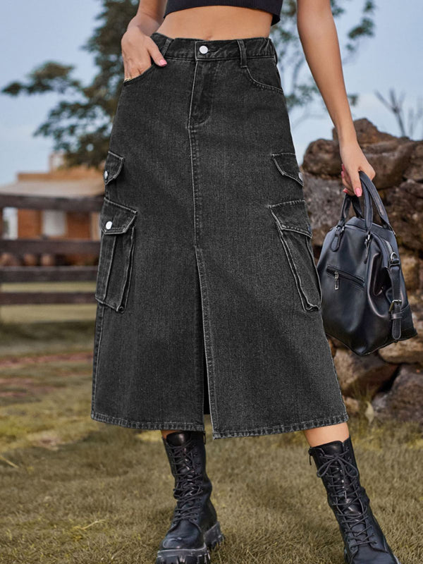 Women’s Denim Cargo Midi Skirt with Elastic Waist in 2 Colors Waist 24-38 - Wazzi's Wear